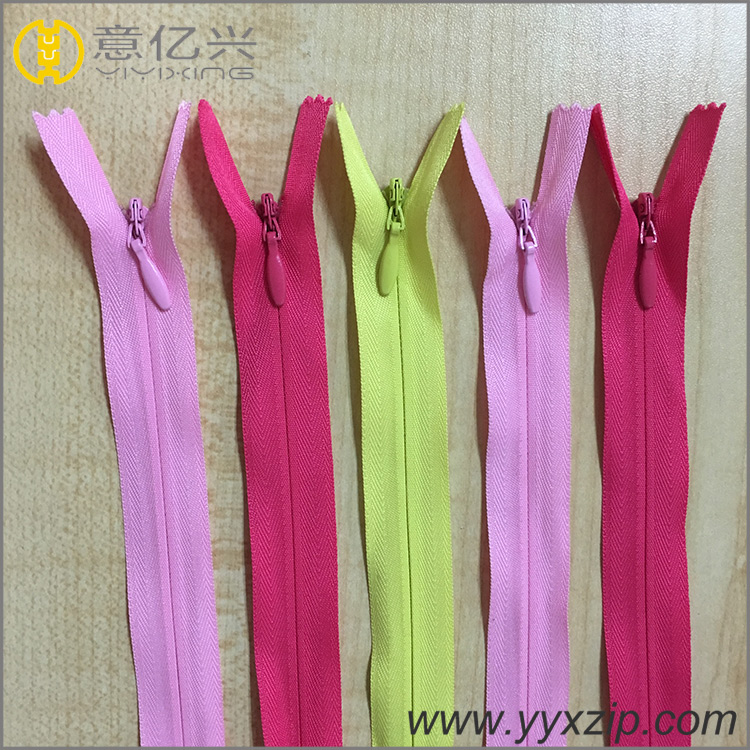 Pink color close end zipper invisible type copper head zipper plastic nylon mate