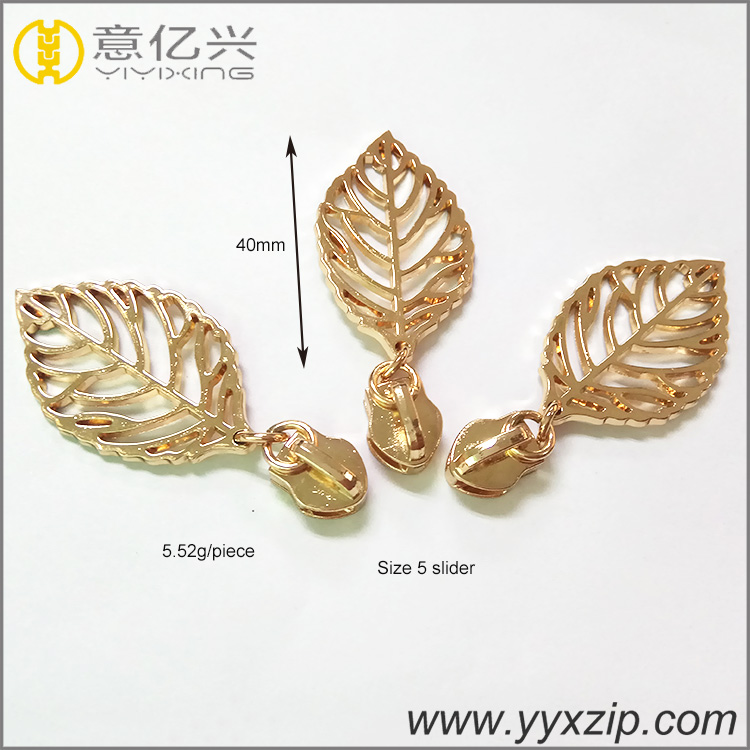 hot selling customized shiny gold hollow leaves logo metal zipper slider and pul