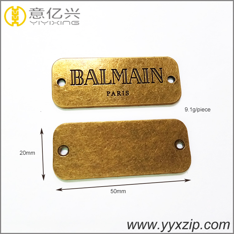 Rectangle shaped 2 holes sewing brand metal clothing tag antique brass metal let
